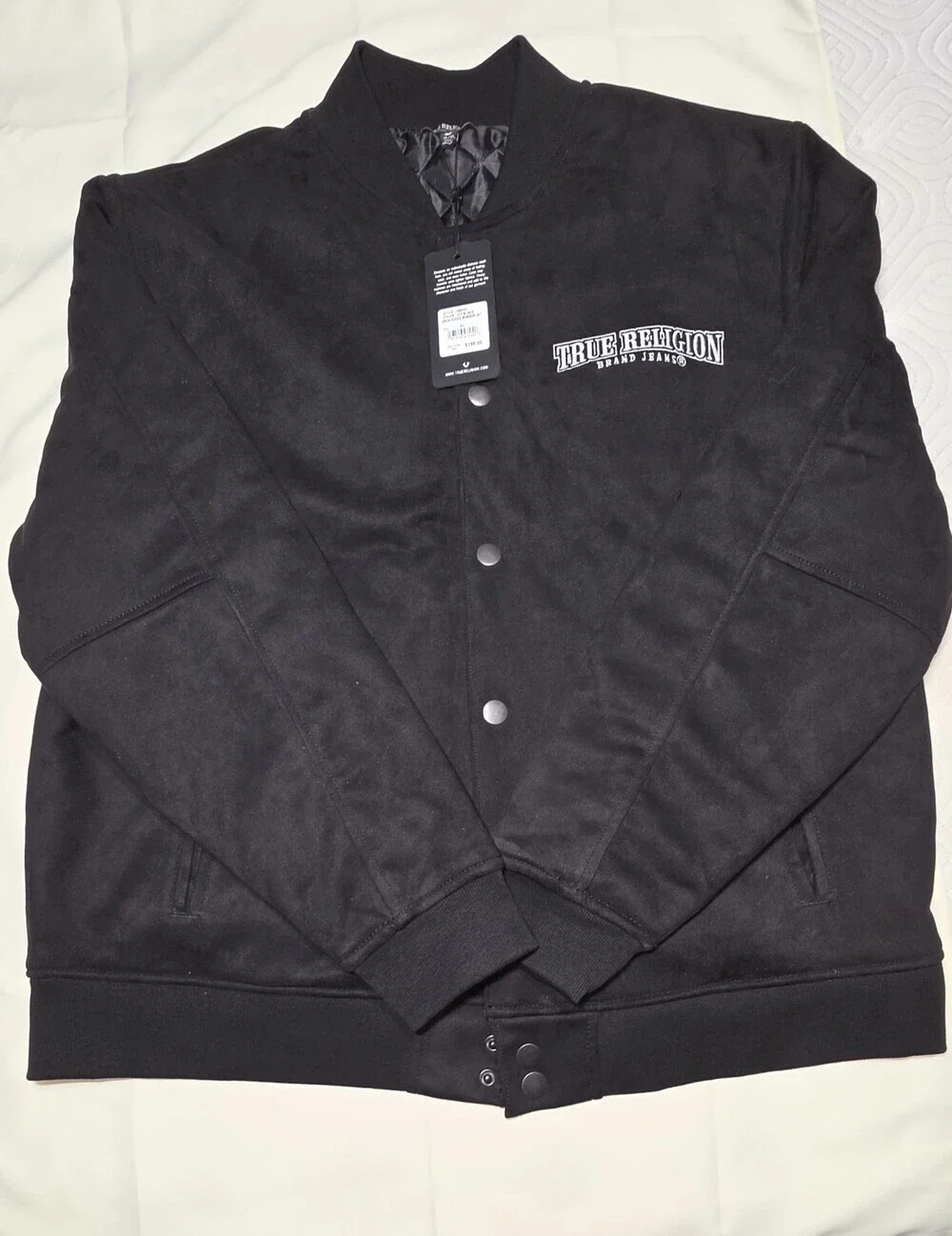 True Religion Men's Arch Suede Bomber Jacket XL with Button-Up Closure Black